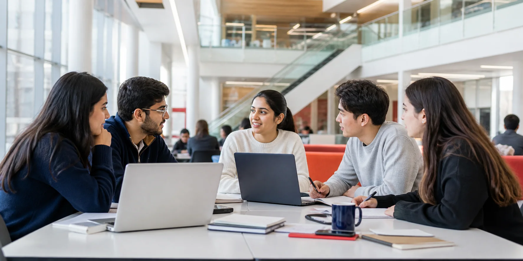 International students collaborating in a modern university environment