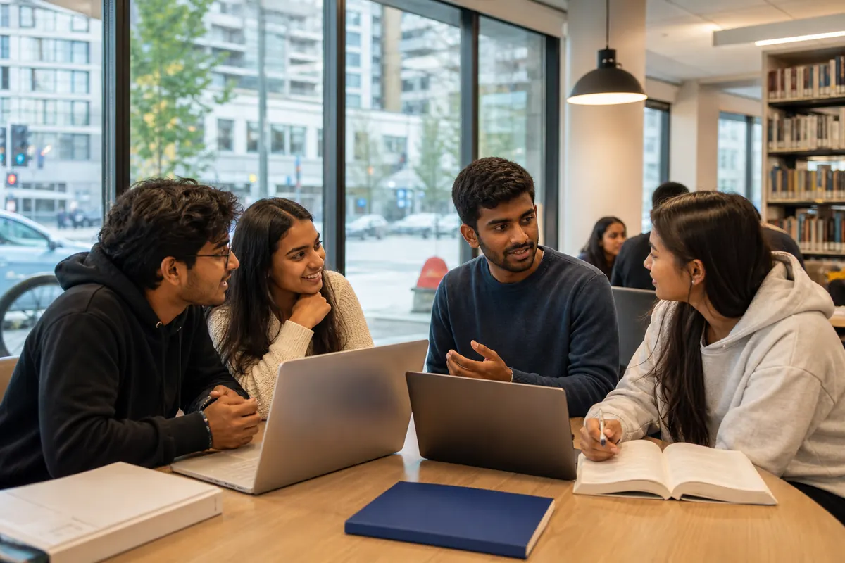 Students studying together in a bright urban college library