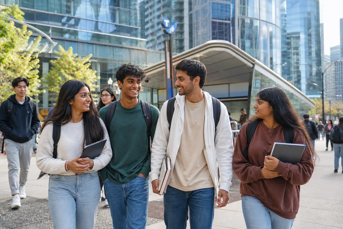 Students walking through a vibrant downtown Vancouver streetscape