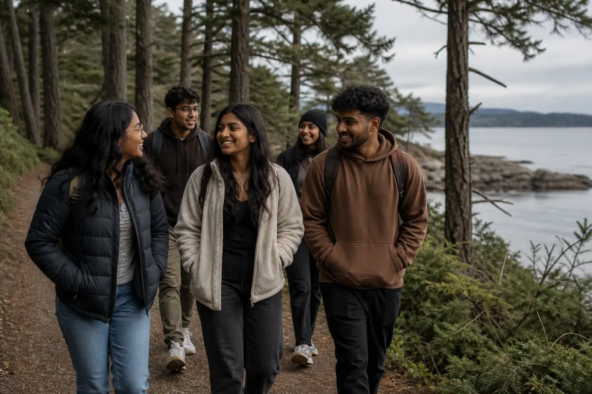 Students walking together along a coastal evergreen forest path