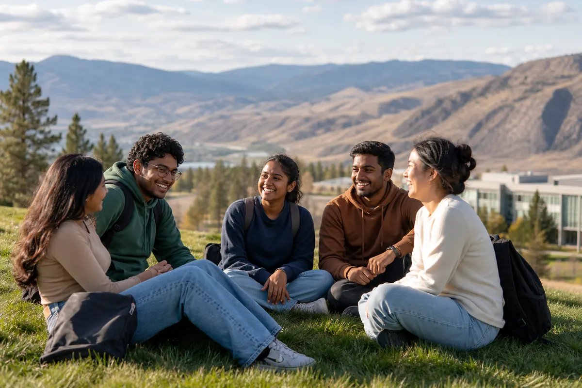 Students relaxing on a grassy campus hill with mountains in the distance