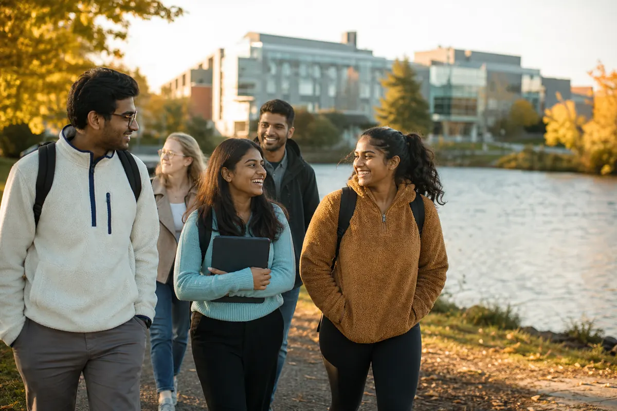 Students walking together along a riverside campus path in autumn