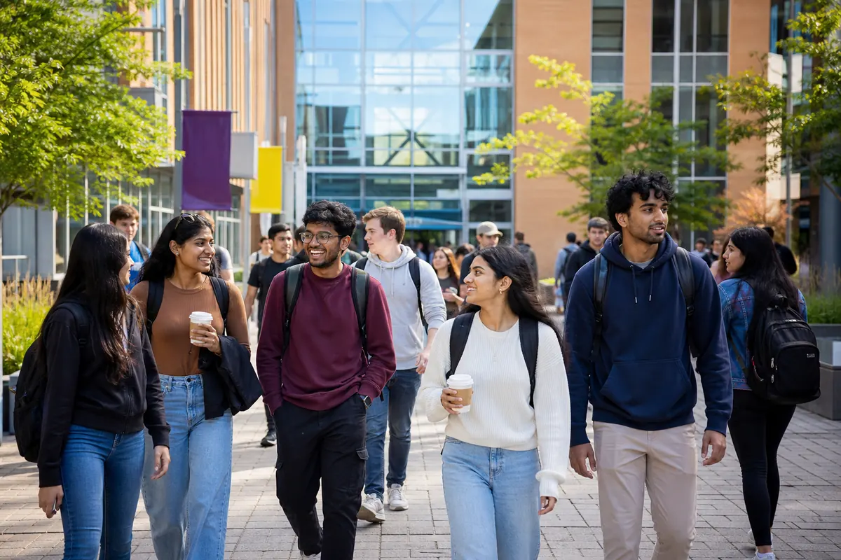 Students crossing a lively compact university courtyard between classes