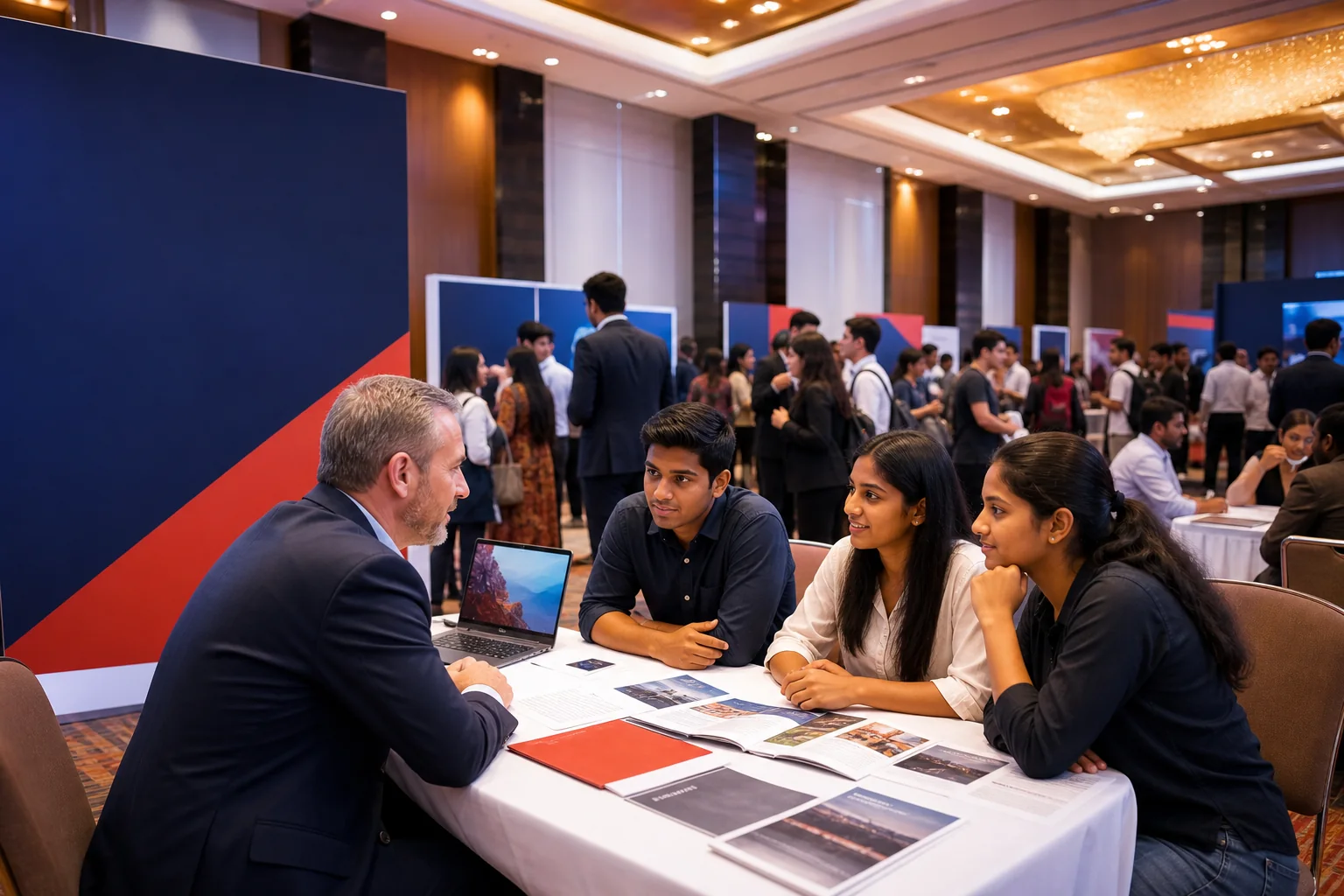 Students meeting a Canadian university representative at an education event