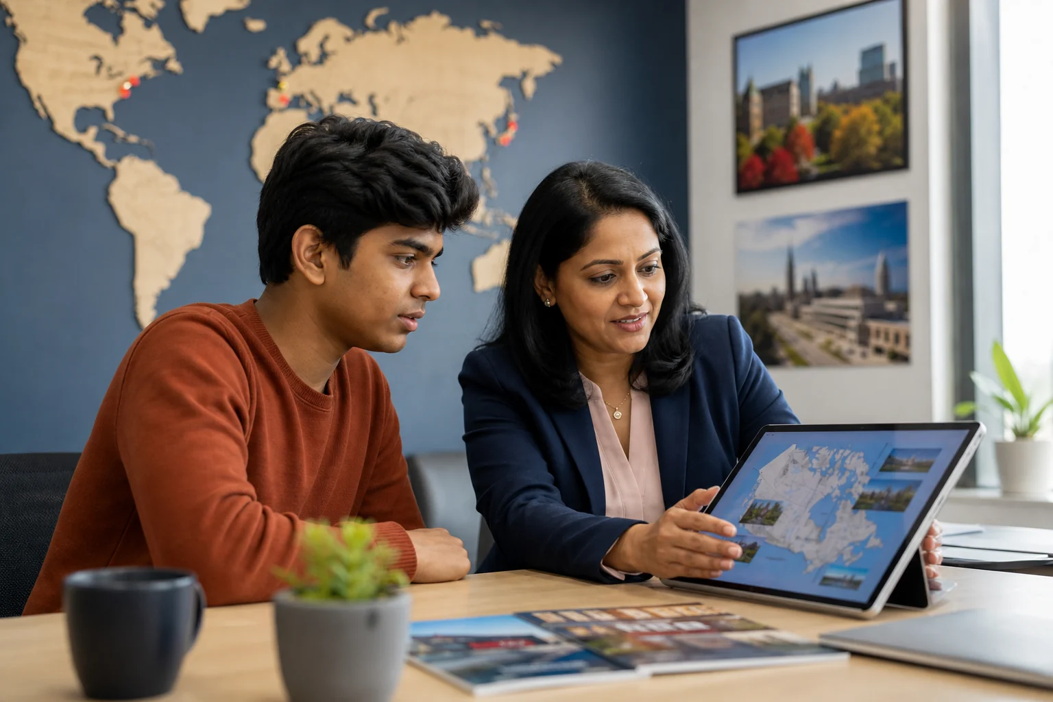 A South Asian student and education advisor reviewing Canadian study destinations