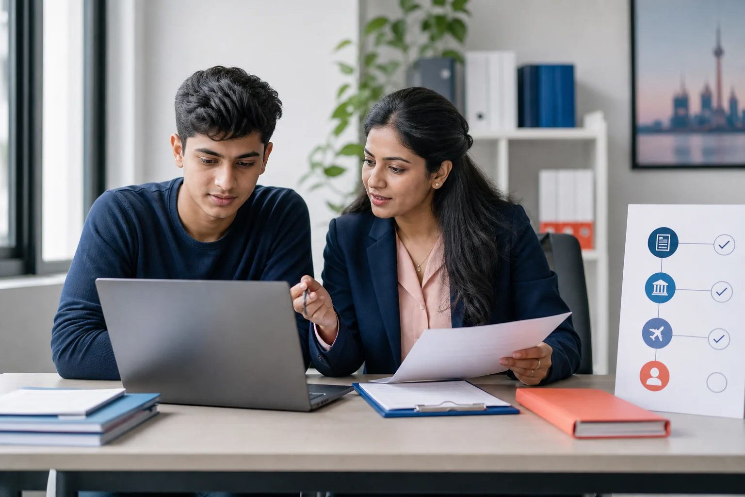 A South Asian student and education advisor reviewing application steps and documents