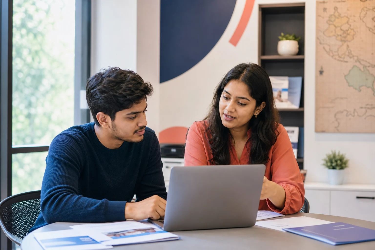 A South Asian student receiving personal guidance from an education advisor