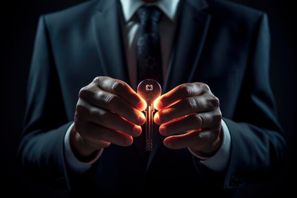 Close-up of businessman's hand holding key to success, with LCS Qatar emblem in background.