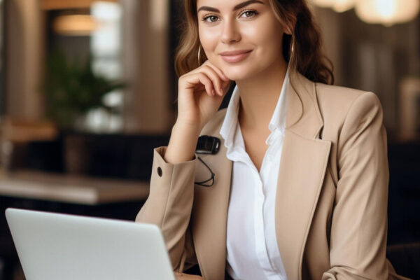 Professional business woman in elegant attire confidently presents at a corporate meeting"
